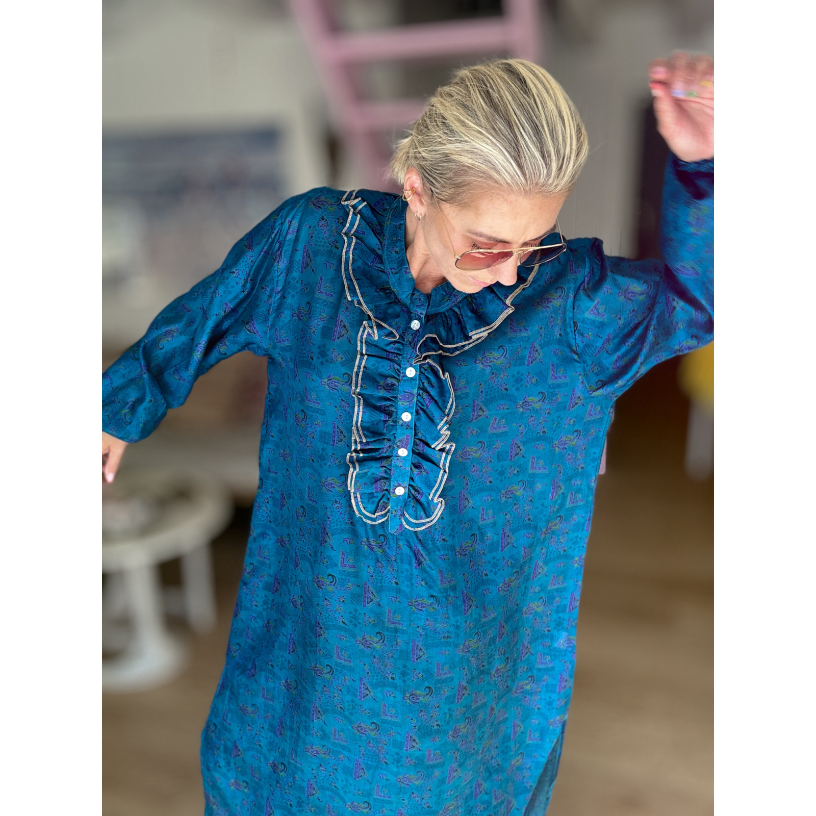 Janta silkemix kaftan kjole med flæse no 74 fra le mosch
