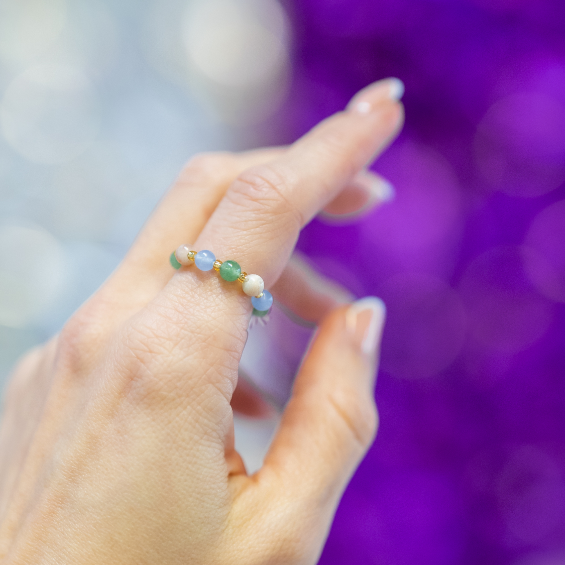 Ariel ring - Solsten, Grøn Aventurin, Blå Jaspis og Glasperler fra le mosch