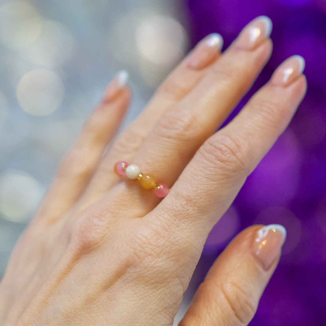 Ariel ring - Pink Jaspis, Rød Aventurine og Solsten og Glasperler fra le mosch