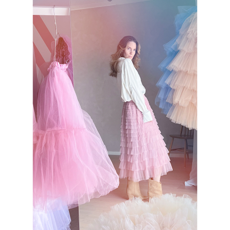 Tallulah Belle Tyl Nederdel i Rosa fra LÉ MOSCH, feminin lyserød nederdel, sommer nederdel, 