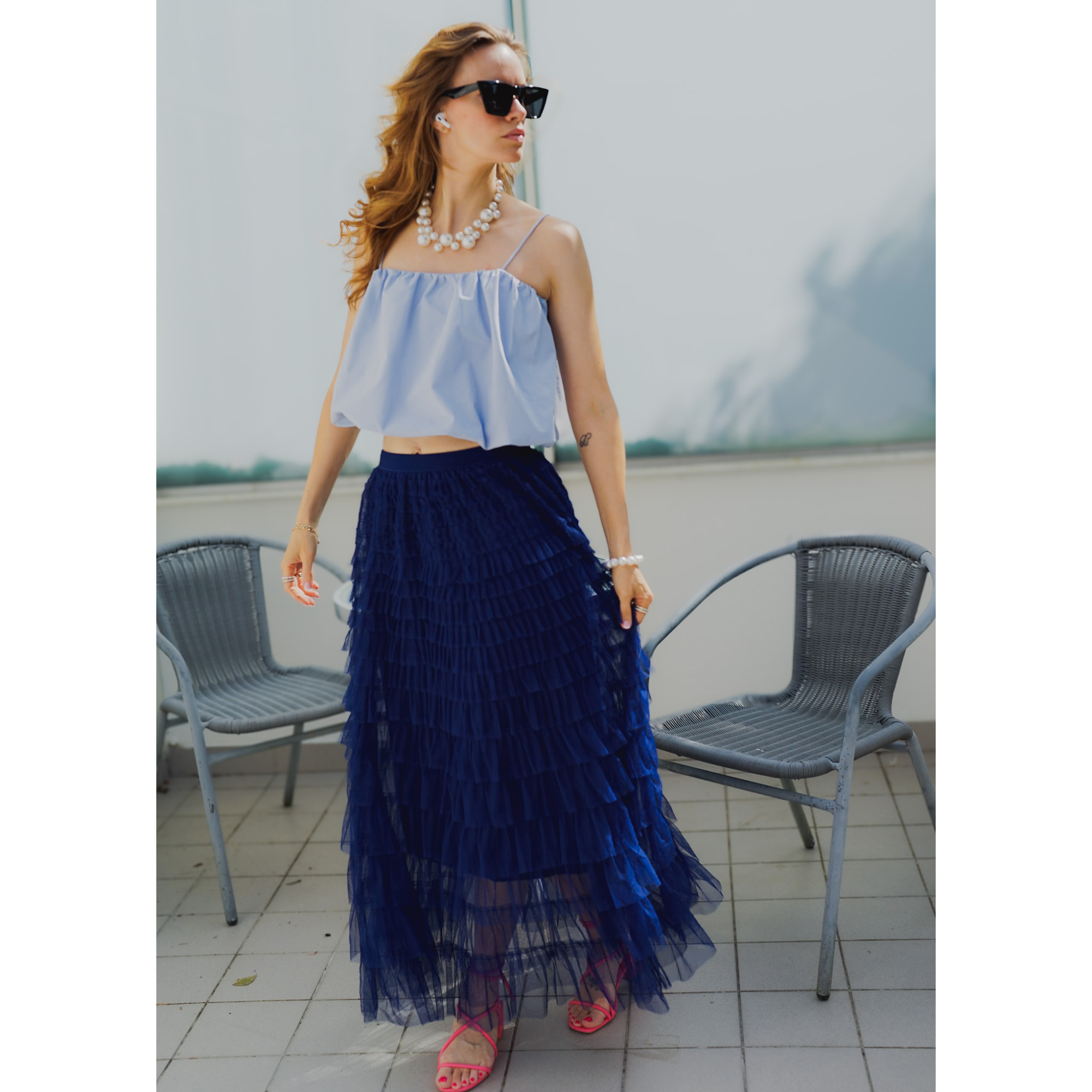 Tallulah Tyl Nederdel i Navy fra LÉ MOSCH, festlig nederdel, anderledes og anvendelig nederdel, 