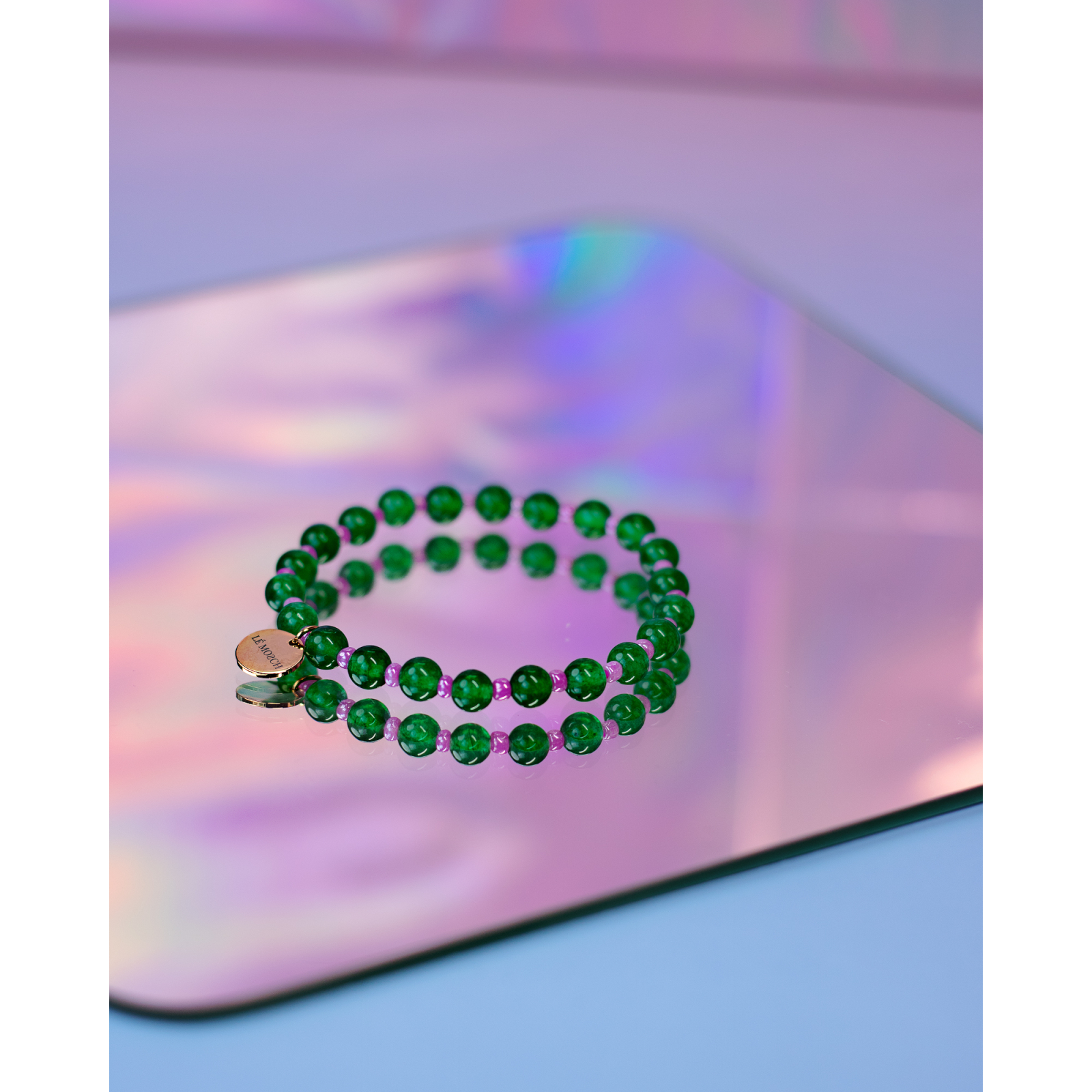 Haniel Mix armbånd i grøn og pink natursten fra LÉ MOSCH, smukt armbånd i natursten, fineste grønne armbånd, 