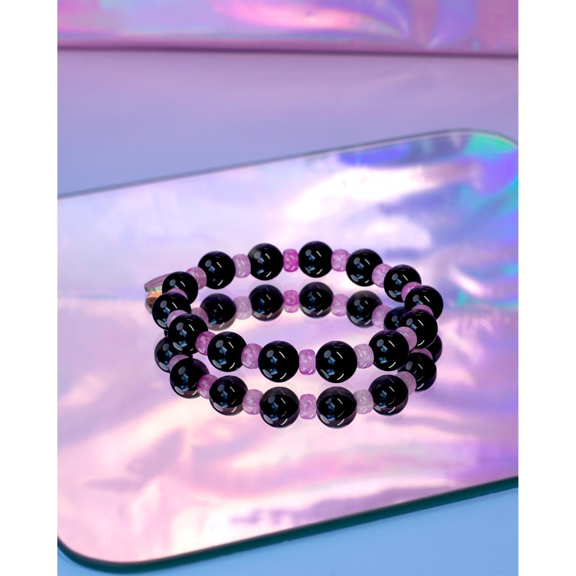 Sariel armbånd Sort og Rosa natursten fra LÉ MOSCH, fint armbånd med natursten, dekorativt armbånd med sorte og rosa sten, 