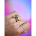 Forgyldte ringe med sorte detaljer fra LÉ MOSCH – vist på hånd mod farverig lilla-blå baggrund