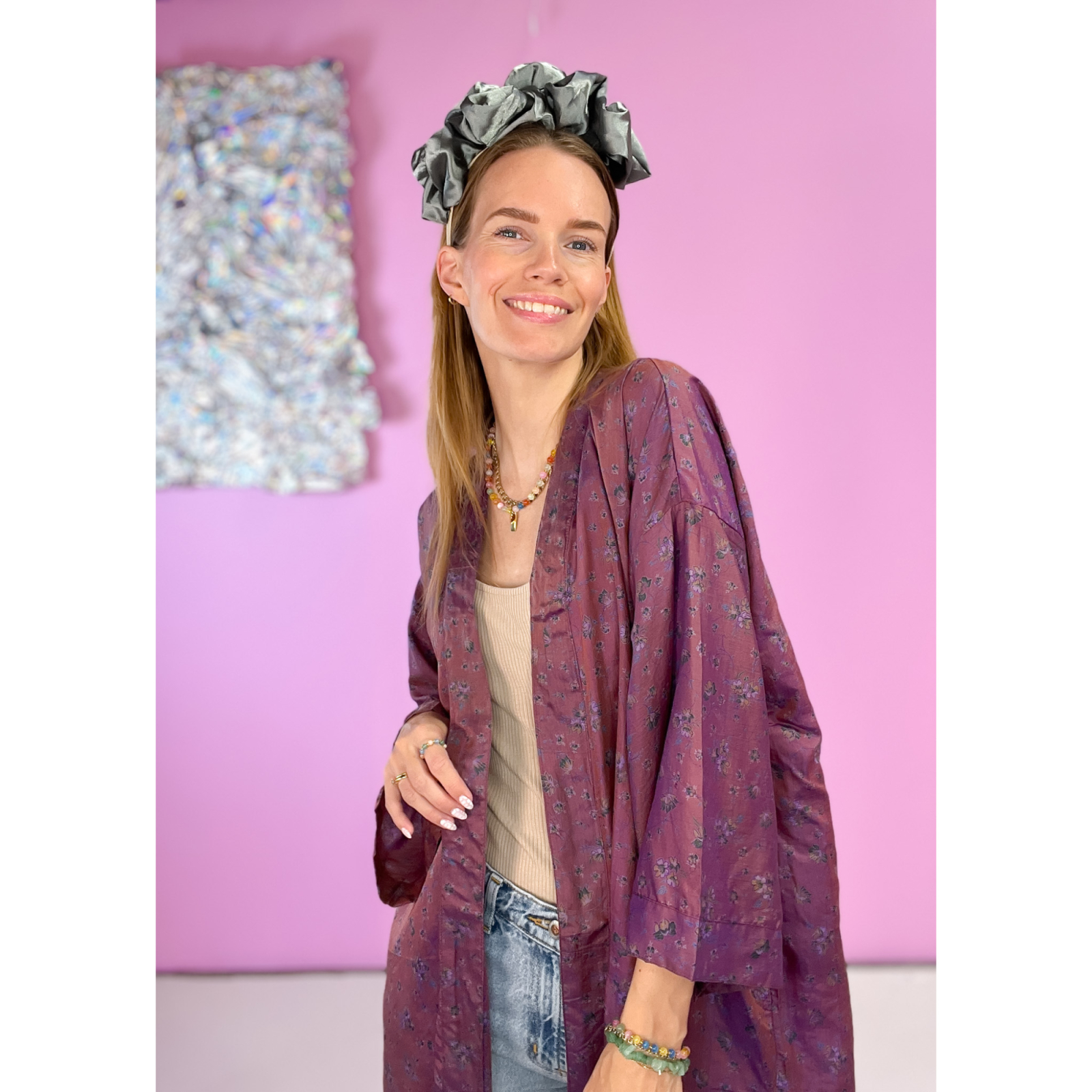 Monya Silkemix kimono no 1735 i lilla og grøn. Håndlavet silkemix kimono i vintage sarier - kun 1 stk. af hver! Hurtig levering