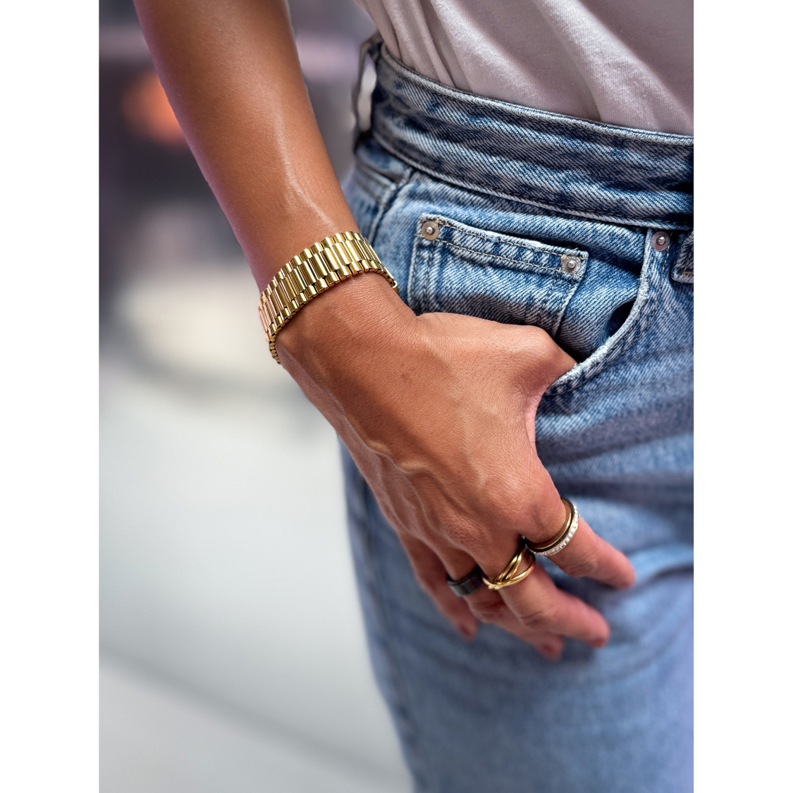 Forgyldt Tikva armbånd stylet med denim fra le mosch – herre inspireret smykke med vintage udtryk
