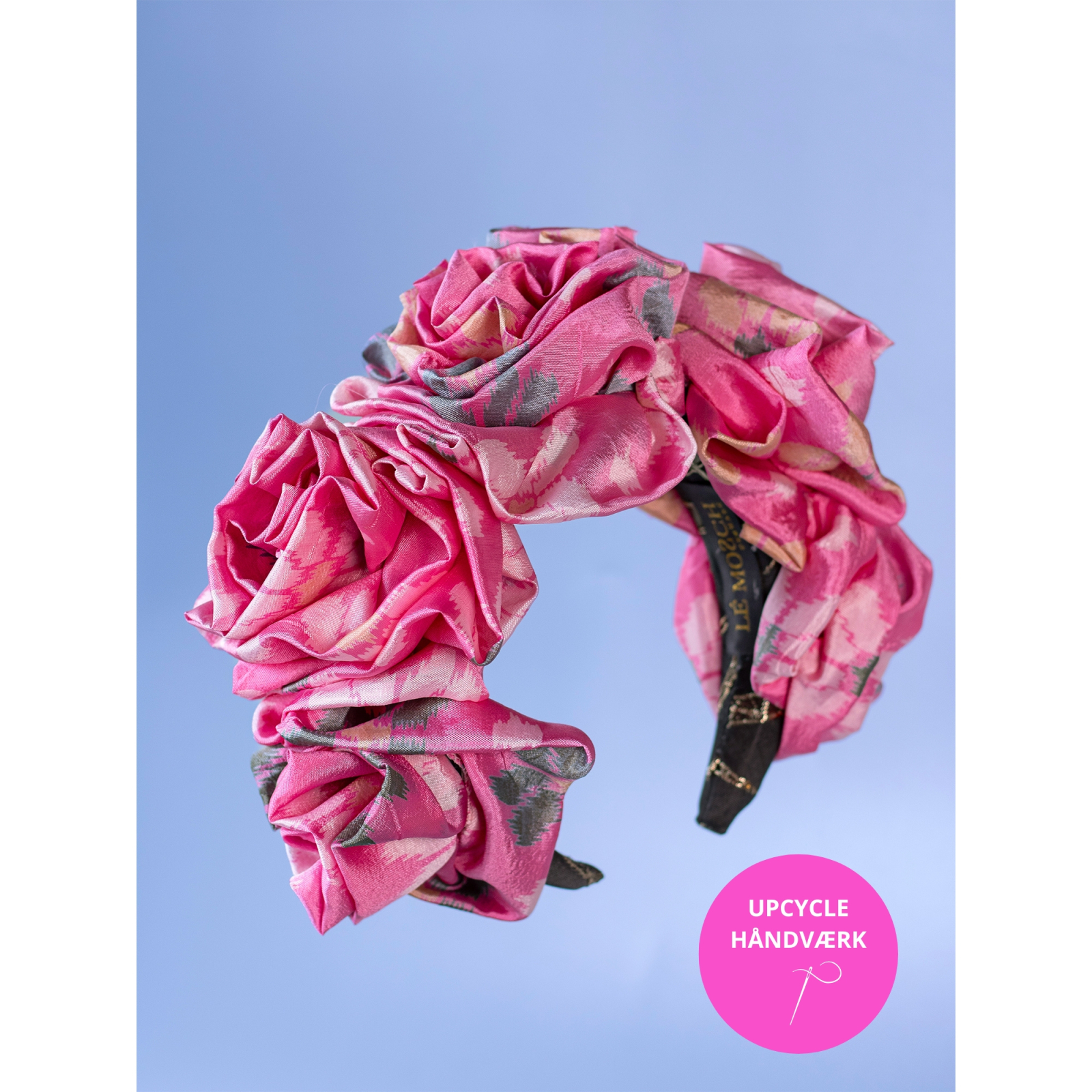 Håndlavet Maria Blomsterkrone hårbøjle no 3 i Pink mønsterstof fra upcyclede kimonoer.