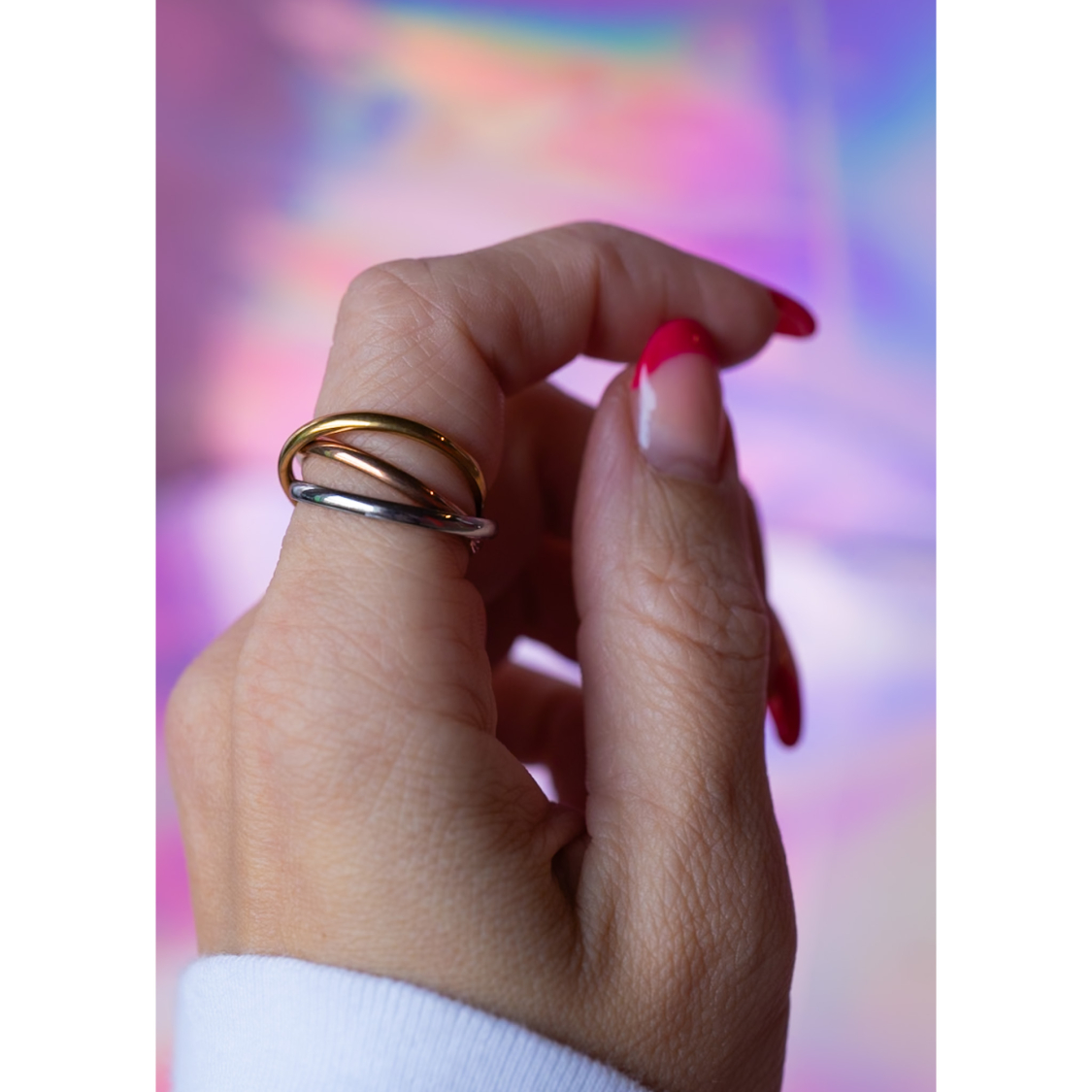 Trille Slim Tre I En Ring i Trefarvet fra LÉ MOSCH, trefarvet ring med tre skinner, beroligende ring med tre løse skinner i tre farver,
