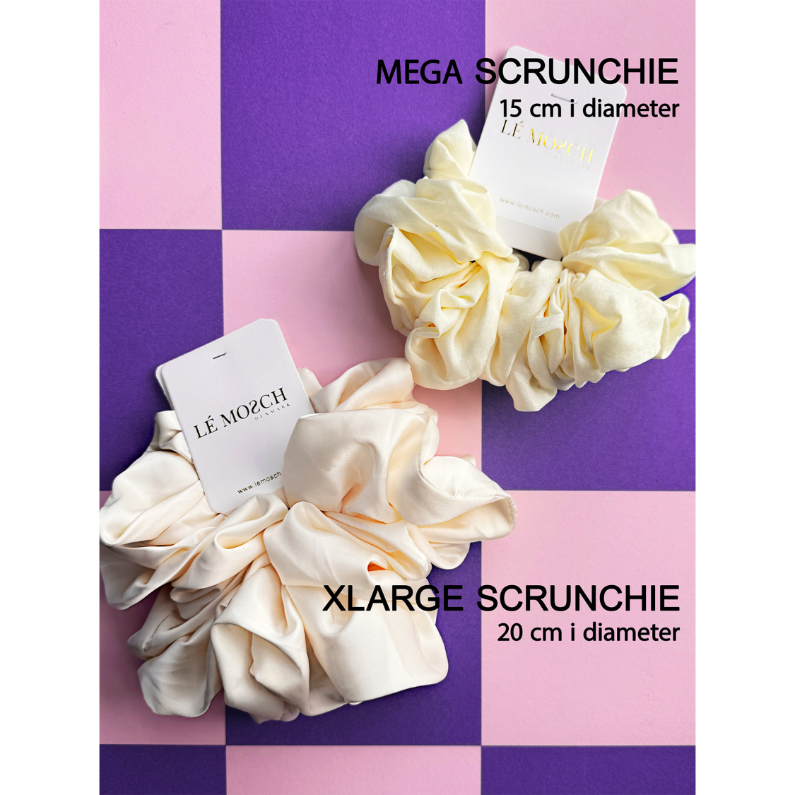 forskellen på MEGA og GIGA scrunchies hos LÉ MOSCH