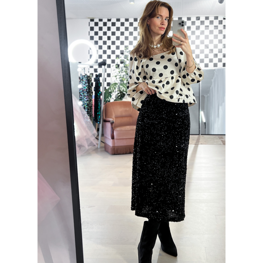 Rexine Paillet Nederdel i Sort fra LÉ MOSCH, skøn pailletnederdel til den næste fest, 