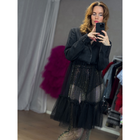 Vintage Vibes Kort Grå Blazer med tyl – No. 098 fra LÉ MOSCH, super festlig blazer med tyl, unik og personlig blazer med tyl, 