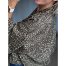 Maria Kimono Kort no 391 Brun Gylden fra LÉ MOSCH, håndlavet Maria Kimono i brun og gylden, festlig kort kimono med trekvarte ærmer og bælte,