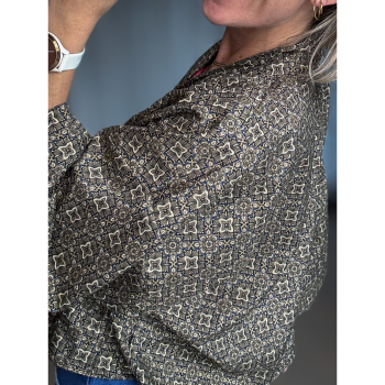 Maria Kimono Kort no 391 Brun Gylden fra LÉ MOSCH, håndlavet Maria Kimono i brun og gylden, festlig kort kimono med trekvarte ærmer og bælte,