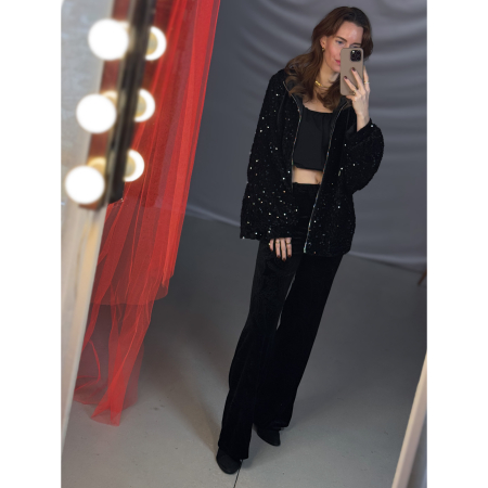 Bex paillet jakke i sort, hoodie, jakke med hætte, lynlåsjakke, festjakke