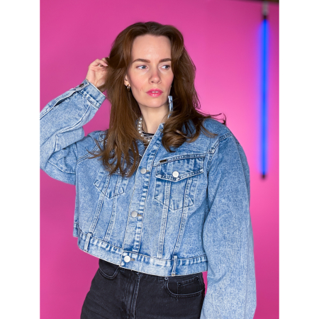 Vintage Vibes denim jakke med brune frynser – no. 106 fra LÉ MOSCH, anderledes denimjakke med frynser, let stonewash denimjakke med frynser,