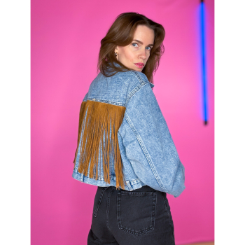 Vintage Vibes denim jakke med brune frynser – no. 106 fra LÉ MOSCH, anderledes denimjakke med frynser, let stonewash denimjakke med frynser,