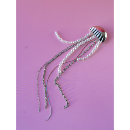 Lille Gople Broche med sten og perler fra LÉ MOSCH, smuk og levende sølvfarvet vandmand-broche, unik og dekorativ broche,