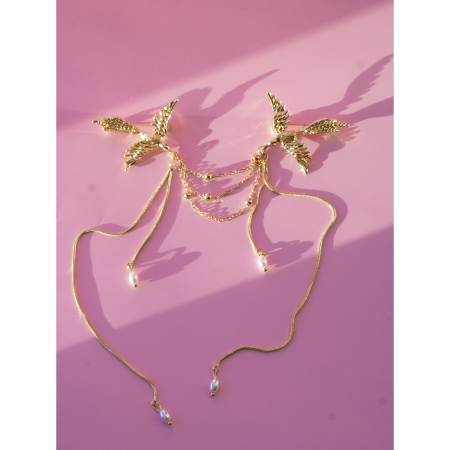 Dobbeltbroche med fugle fra LÉ MOSCH, smuk levende broche med fugle kæder og perler, fin og fyldig gylden broche,