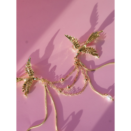 Dobbeltbroche med fugle fra LÉ MOSCH, smuk levende broche med fugle kæder og perler, fin og fyldig gylden broche,