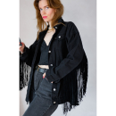 Vintage Vibes sort denim jakke med frynser – no 110 fra LÉ MOSCH, super anvendelig og cool denimjakke, sort jakke med frynser og lidt længde,