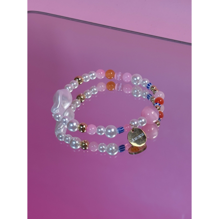 Joan armbånd med sten og perler fra LÉ MOSCH, armbånd med lyserøde og blå sten og imiterede perler, feminint armbånd, 
