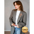 Vintage Vibes lysebrun blazer med brocher – No 142 fra LÉ MOSCH, skøn blazer med smukke feminine brocher,  unik og enkel lysebrun blazer, 