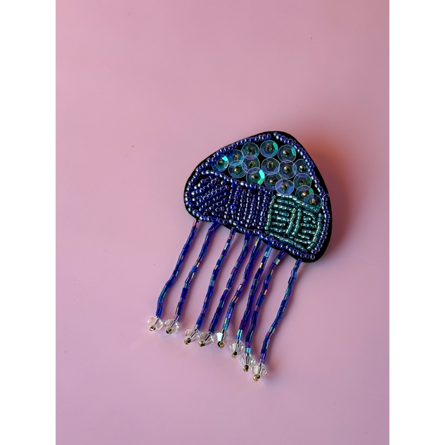 Stor Gople Broche med perler og pailletter fra LÉ MOSCH, smuk og levende vandmand-broche, unik og dekorativ broche, 