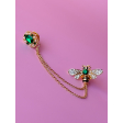 Bi Broche med grønne sten og kæder fra LÉ MOSCH, dobbelt broche med kæder og en lille bi, gylden broche med grønne sten,