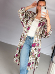 Maria kimono no 398 fra LÉ MOSCH, skøn unik kimono med fint print, anvendelig kimono med pink og blå detaljer, 