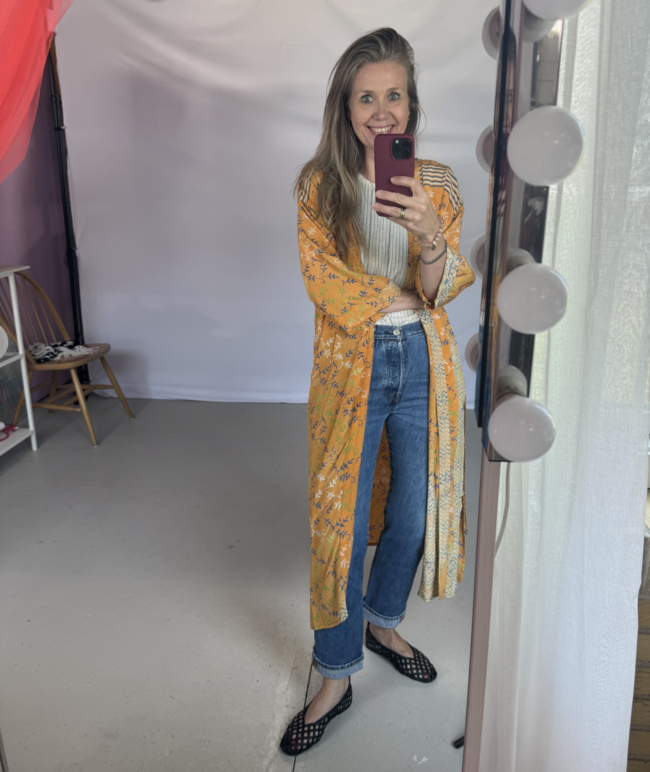 Unika style no 26 - orange kimono fra LÉ MOSCH, smuk og anvendelig kimono, en kimono til hverdag og fest, 