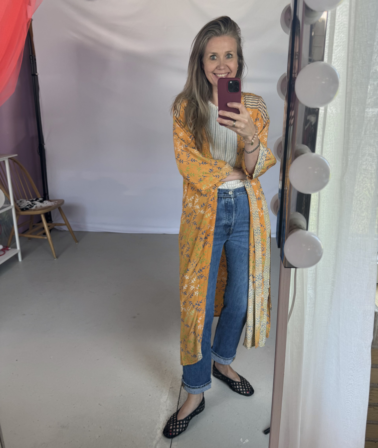 Unika style no 26 - orange kimono fra LÉ MOSCH, smuk og anvendelig kimono, en kimono til hverdag og fest, 
