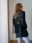Vintage Vibes mørk blazer med frynser – No 244 fra LÉ MOSCH, super cool blazer med seje detaljer, blazer med frynser og patch,