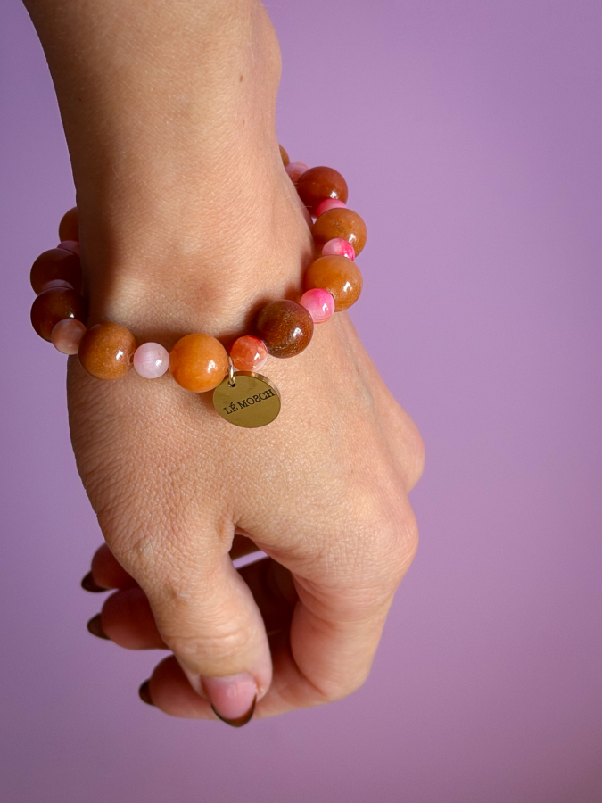 Elsine mix armbånd i orange fra LÉ MOSCH, smukt og unikt armbånd, fint armbånd med pink jade og aventurin,  
