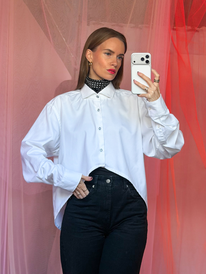 Vintage Vibes hvid high low skjorte - No 274 fra LÉ MOSCH, cool og anderledes hvid skjorte, one of a kind hvid skjorte, 