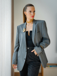 Vintage Vibes blazer med mønstret ryg og sorte frynser – No 289 fra LÉ MOSCH, iøjnefaldende og sej blazer med frynser, fin secondhand blazer med et twist, 