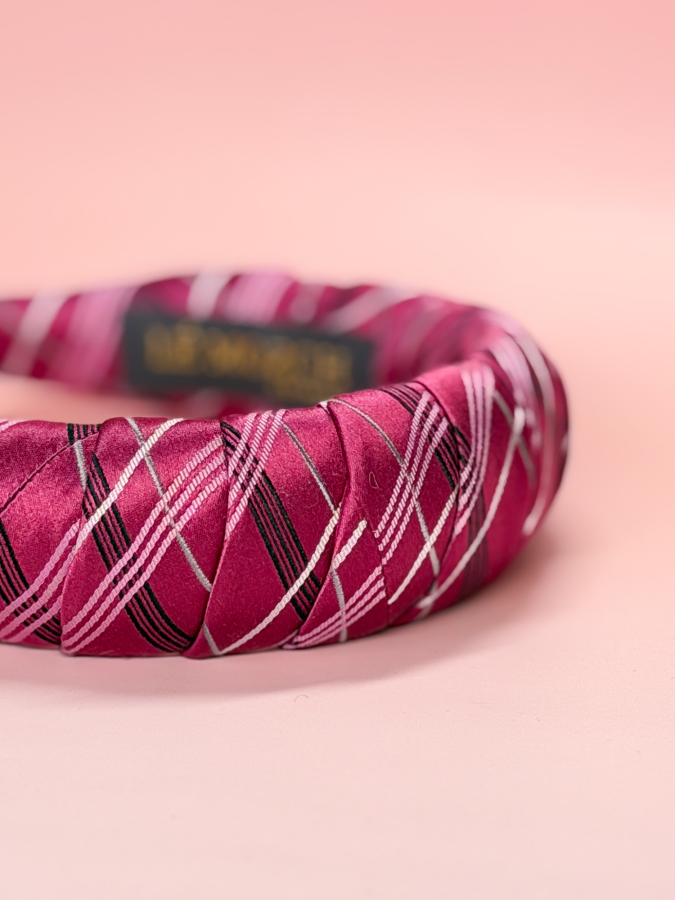 Heidi hårbøjle af slips no 03 - pink strib LÉ MOSCH, smuk hårbøjle af et upcyclet slips, dekorativ   og unik hårbøjle, 
