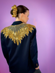 Vintage Vibes navy blazer med pailletter – No 301 fra LÉ MOSCH, cool navy blazer med pailletter, dobbeltradet redesignet secondhand blazer med gyldne pailletter, 