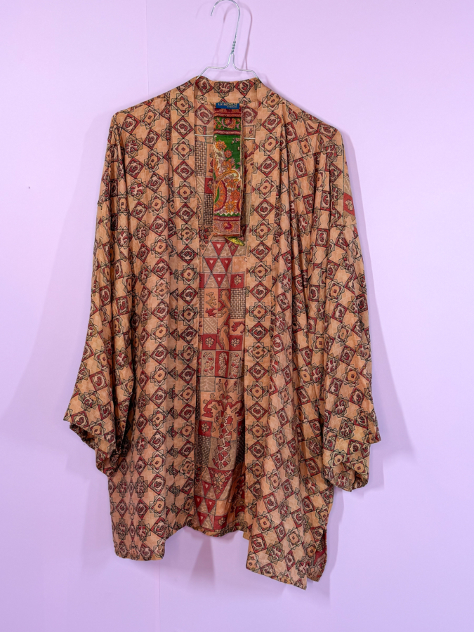 Monya Silkemix kimono no 1781 fra LÉ MOSCH, silkemix kimono syet i Indien, unik kort kimono i fine farver, 